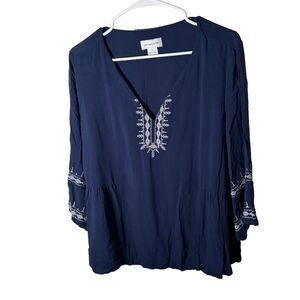 Liz Claiborne Blouse Women's XL Blue V-Neck 3/4 Sleeve Embroidered Boho Top